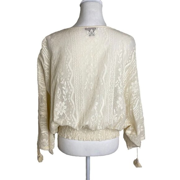Vineet Bahl Anthropologie Lona Lace Boho Blouse Peasant Cream Black Tassel Top S - Picture 7 of 13